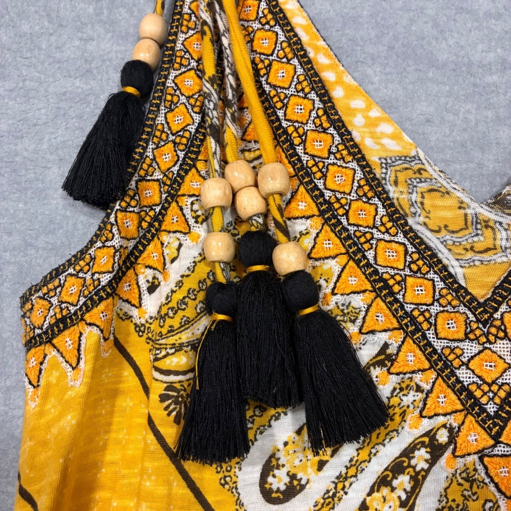 Soft Surroundings Yellow Paisley Embroidered Tassel Maxi Dress XS Boho 26K00 - Picture 11 of 11